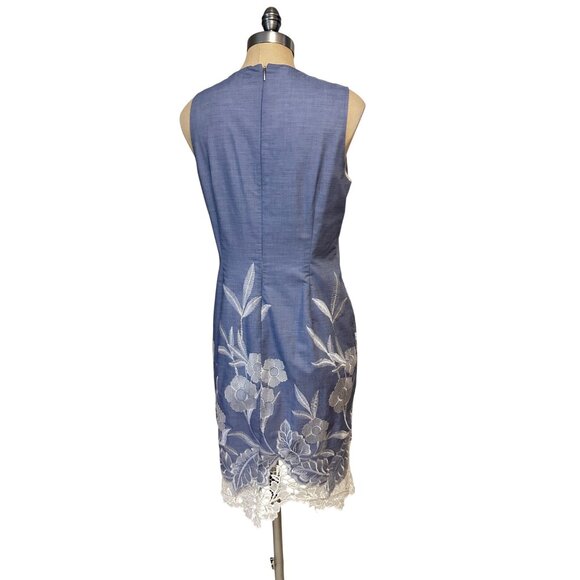Tahari Blue Sleeveless Floral Embroidered Sheath Dress With Lace Hem NWT Size 8 - Picture 3 of 5